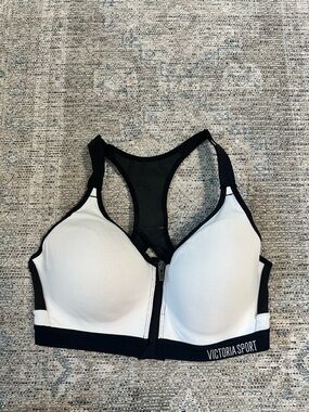 Victoria Sport White & Black Front-Zip Racerback Sports Bra